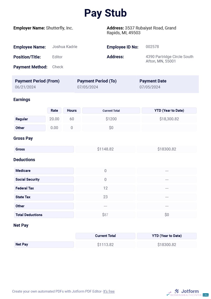 Download Shutterfly, Inc. pay stub template in Word and PDF formats.pdf, 1 Photoshop template